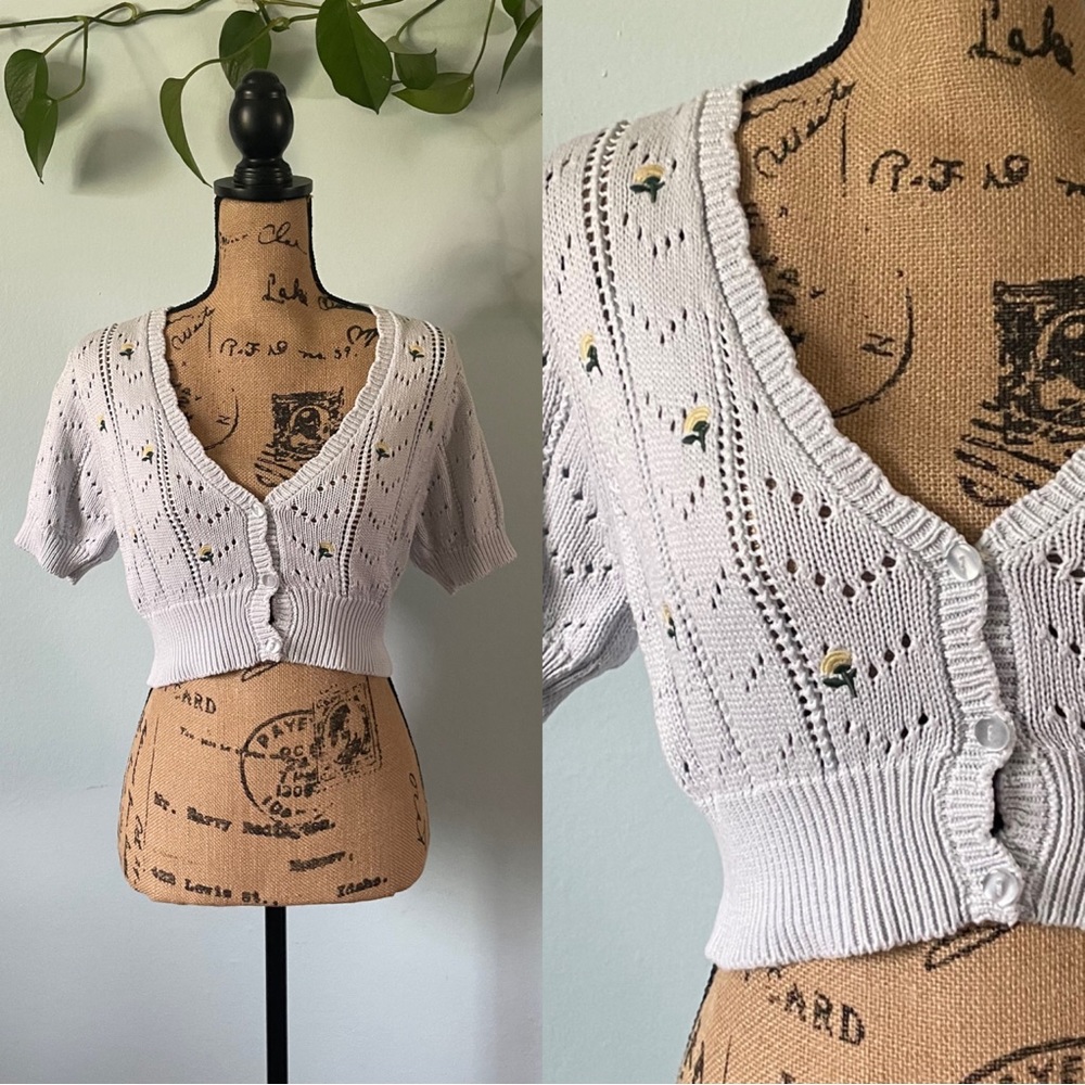 Light Blue Cropped Cardigan With Floral Embroidery Size Medium